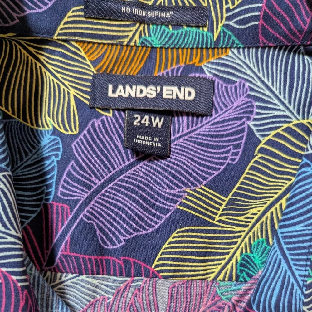 Lands End Shirt Womens 24W Blue Tropical Feather No Iron Supima Sleeveless‎ Top